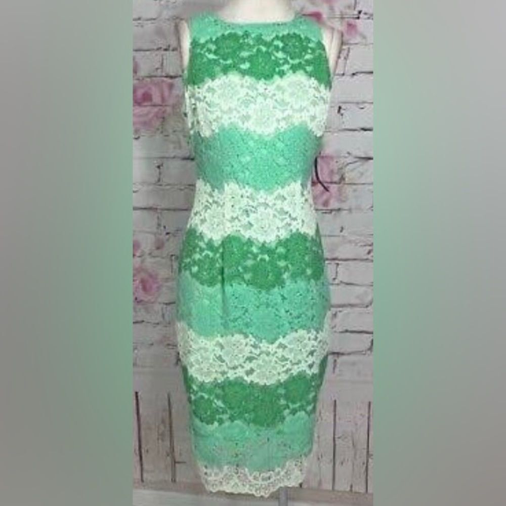 New York & company sleeveless green lace color block sheath dress - Picture 7 of 10
